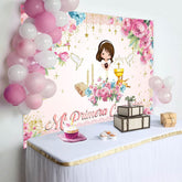 Aperturee - Aperturee Pink Floral Mi Primera Comunion Baptism Backdrop